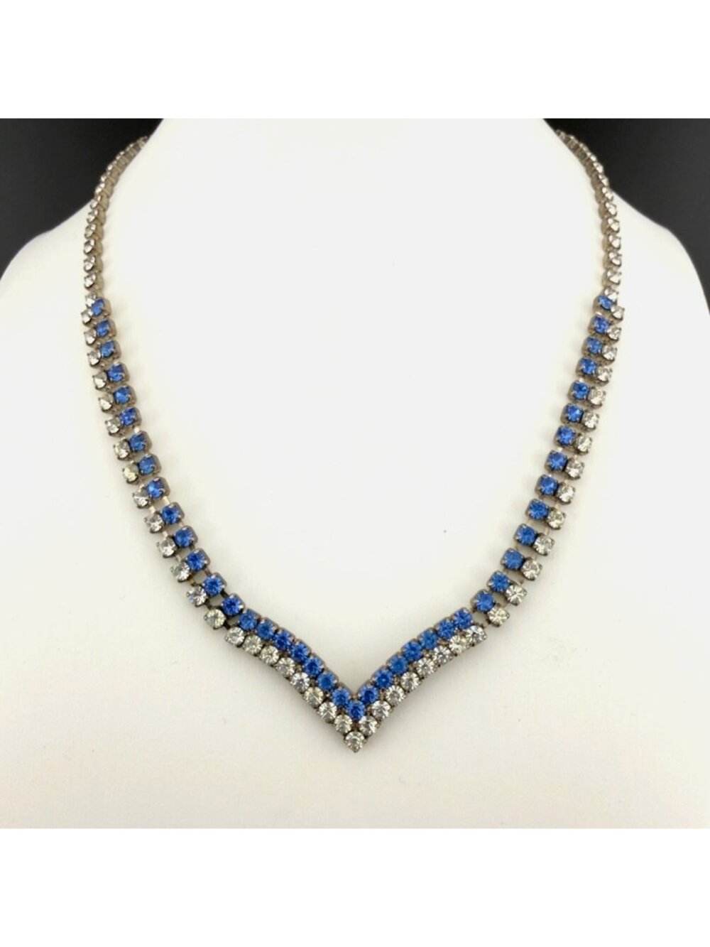 Vintage Blue Clear Rhinestone Necklace V Shape Silver Tone 16-Inch